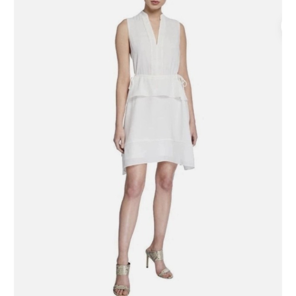 Club Monaco Dress Women 4 White Raelee Peplum Tiered Pom Pom Trim Sleeveless NEW